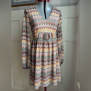 Boston Proper Multicolor Chevron Long Sleeve Dress with Belt Small
